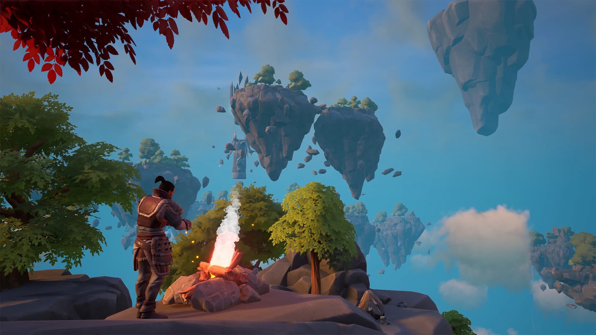 Frozen Flame Release Date, Screenshot of the player standing amongst floating islands in front of a cozy hand built campfire.